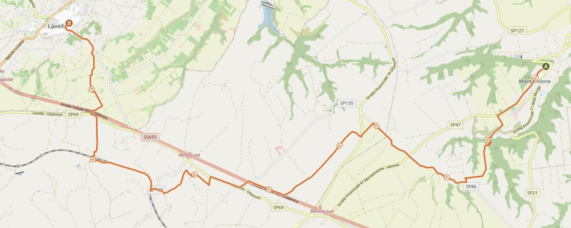 Mappa del percorso da Montemilone a Lavello