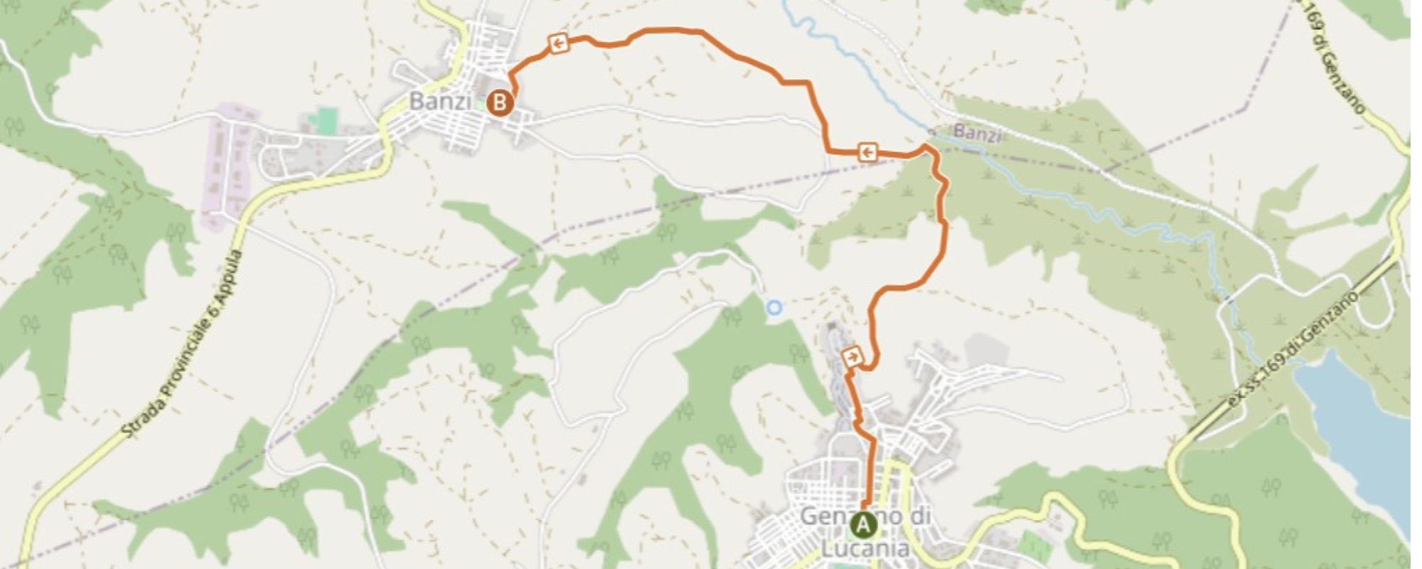 Mappa del percorso escursionistico da Genzano di Lucania a Banzi, con tracciato evidenziato, punti tappa e indicazione di partenza e arrivo.