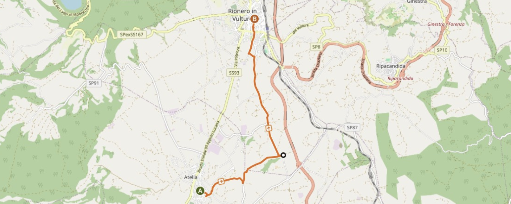 Mappa del percorso escursionistico da Atella a Rionero in Vulture passando per il Parco Archeologico Torre degli Embrici.