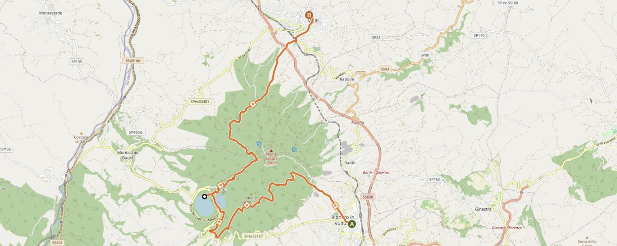 Mappa del percorso da Rionero in Vulture a Melfi passando per i Laghi di Monticchio e il Monte Vulture.