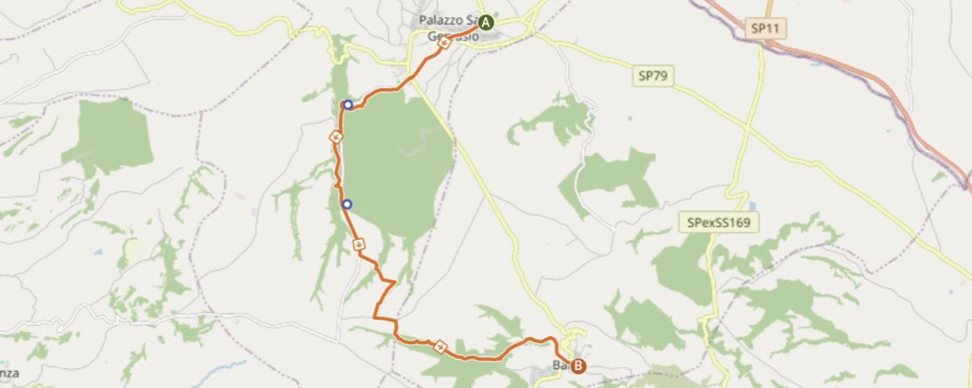 Mappa del percorso escursionistico da Palazzo San Gervasio a Banzi passando per il Lago Frontetusio e il Santuario della Madonna di Francavilla.