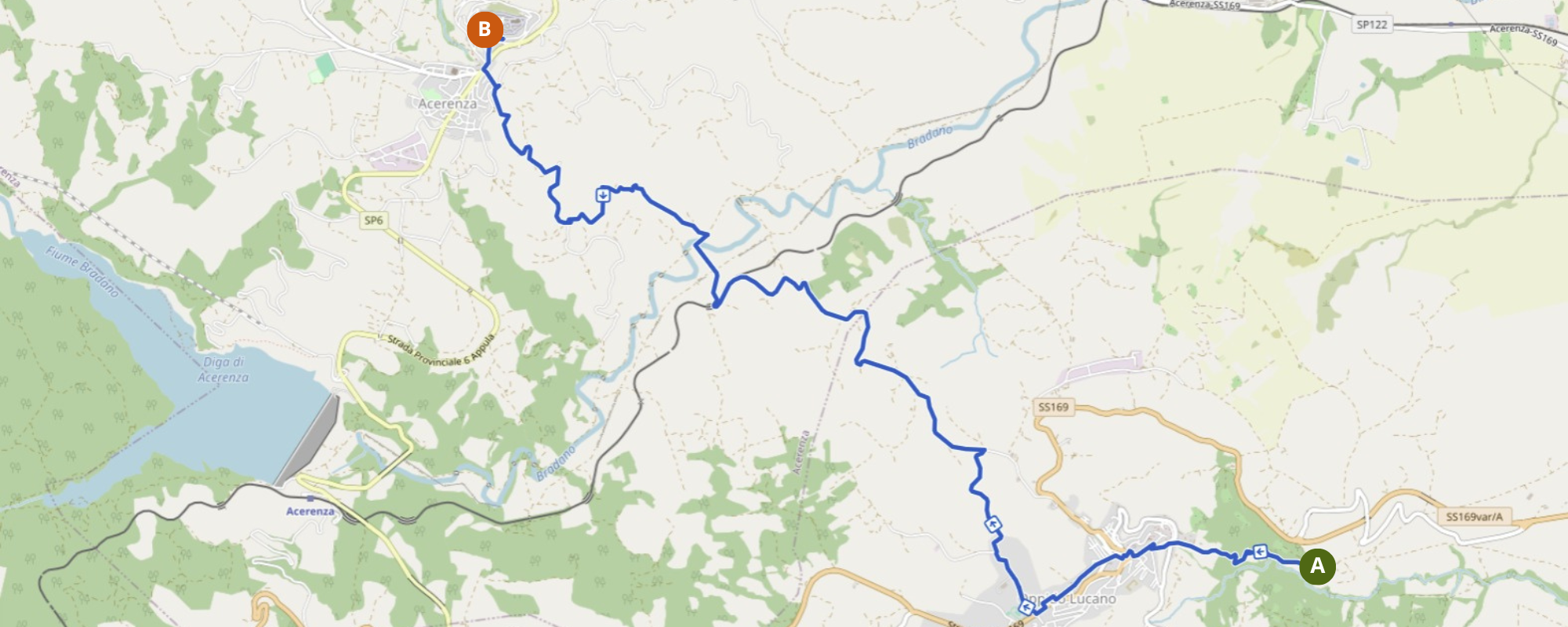 Mappa del percorso escursionistico da Oppido Lucano ad Acerenza lungo vallate, corsi d’acqua e strade rurali dell’Alto Bradano.