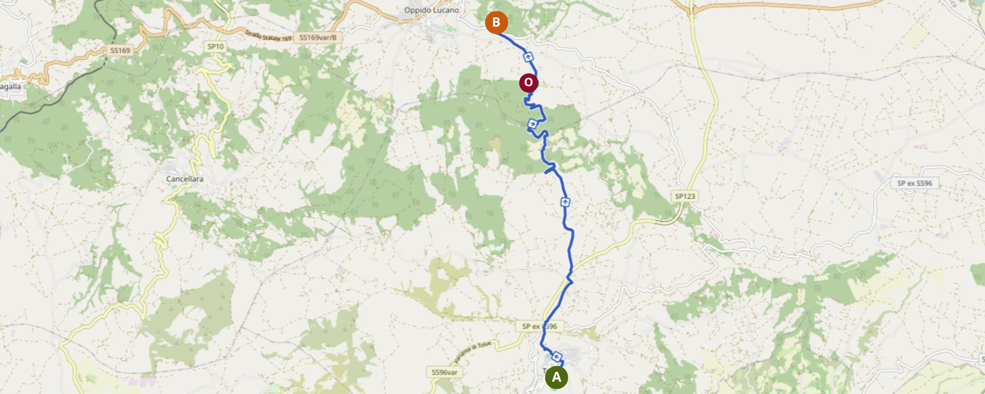 Mappa del percorso escursionistico da Tolve a Oppido Lucano, attraverso aree boscate e il Santuario della Madonna del Belvedere.