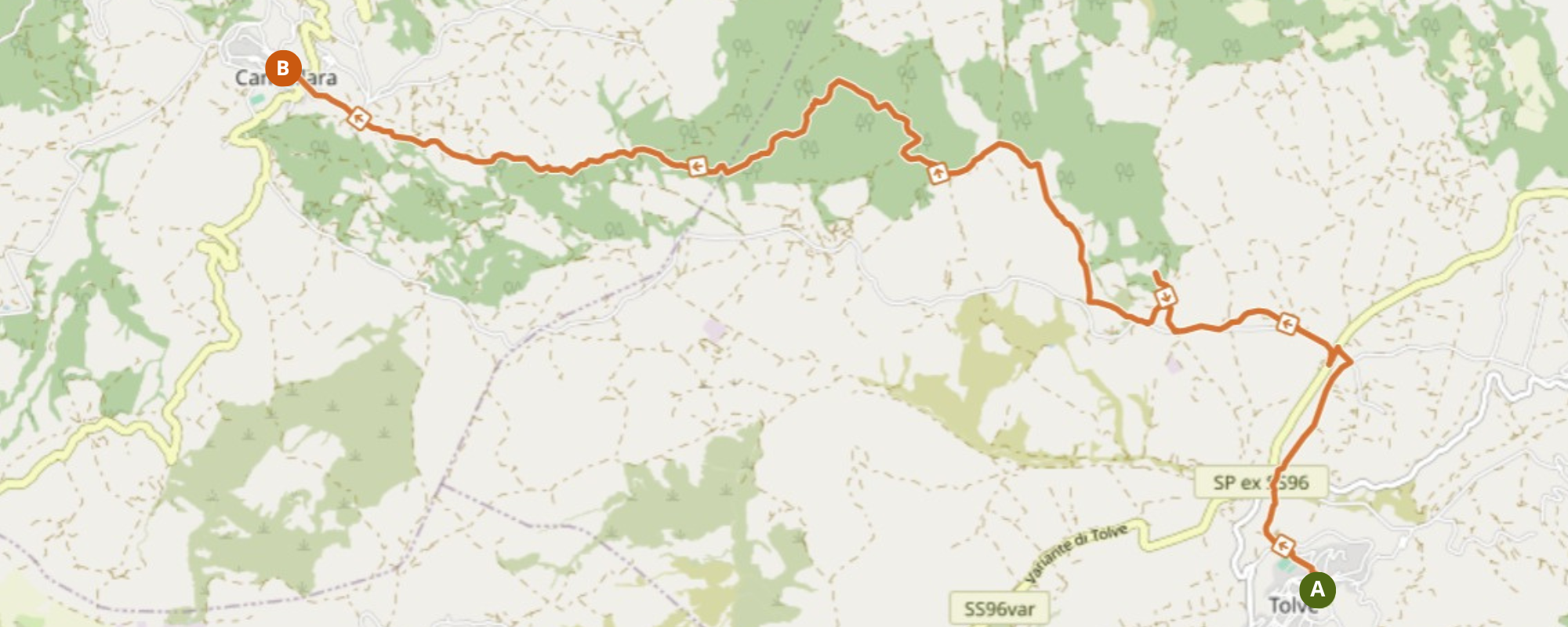 Mappa del percorso escursionistico da Tolve a Cancellara attraverso aree rurali e tratti boscati.