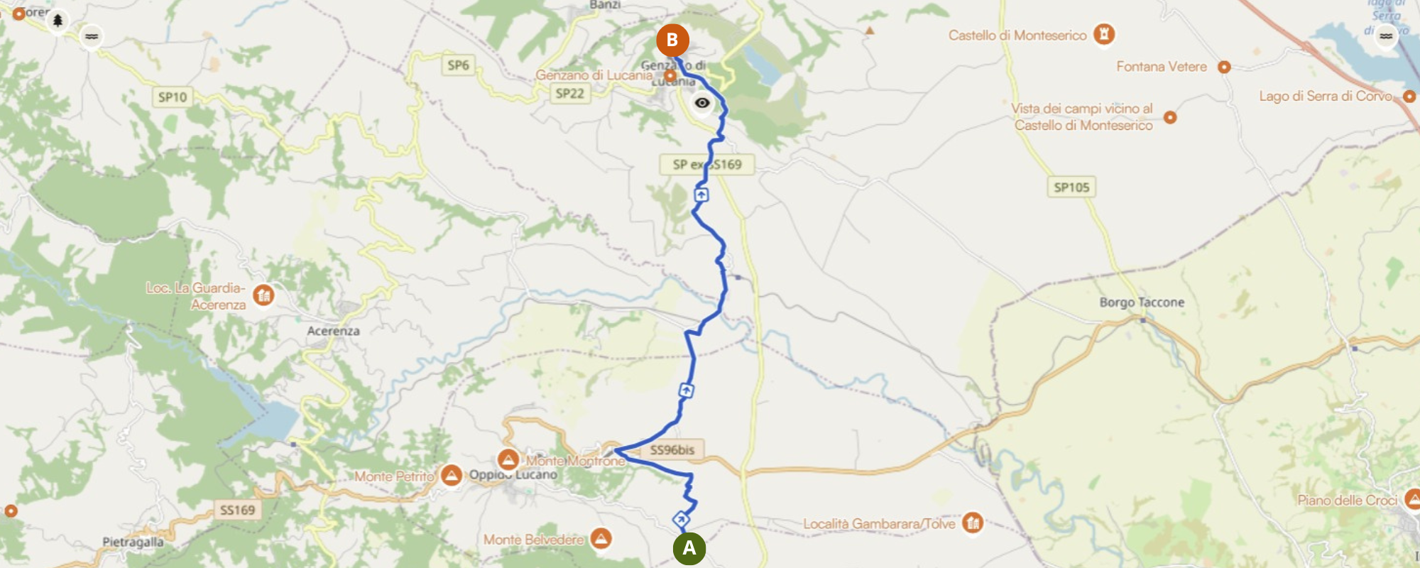Mappa del percorso escursionistico da Oppido Lucano a Genzano di Lucania.