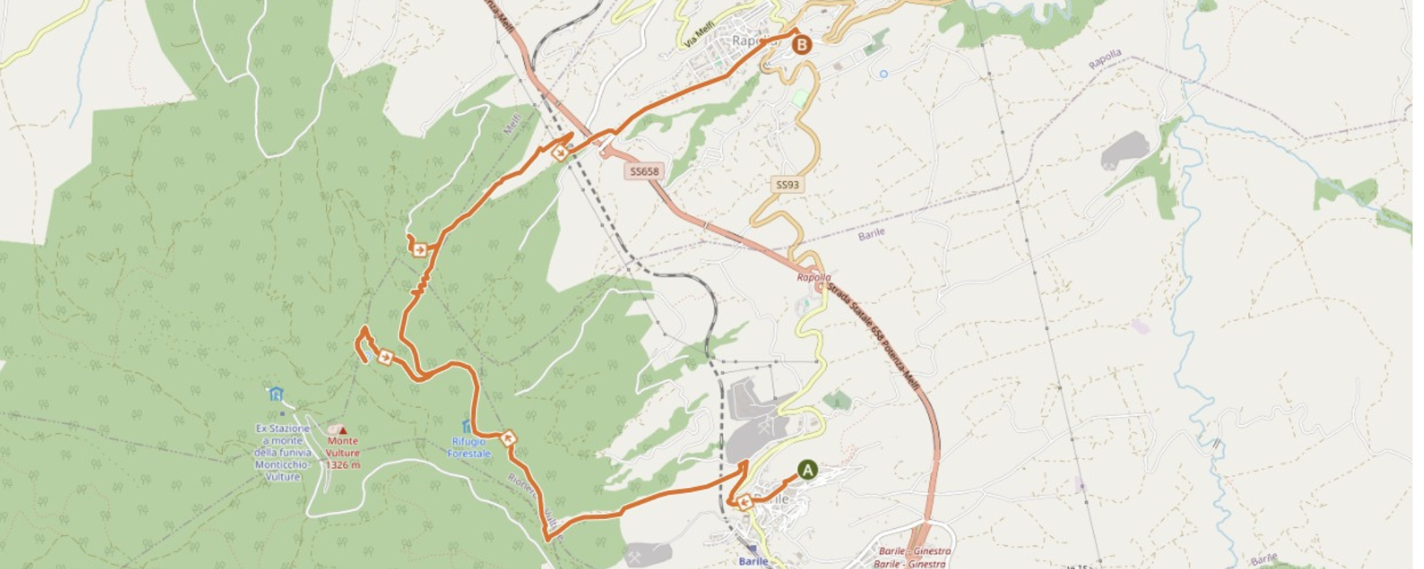 Mappa del percorso da Barile a Rapolla passando per la Fontana dei Preti e la Chiesa rupestre dello Spirito Santo