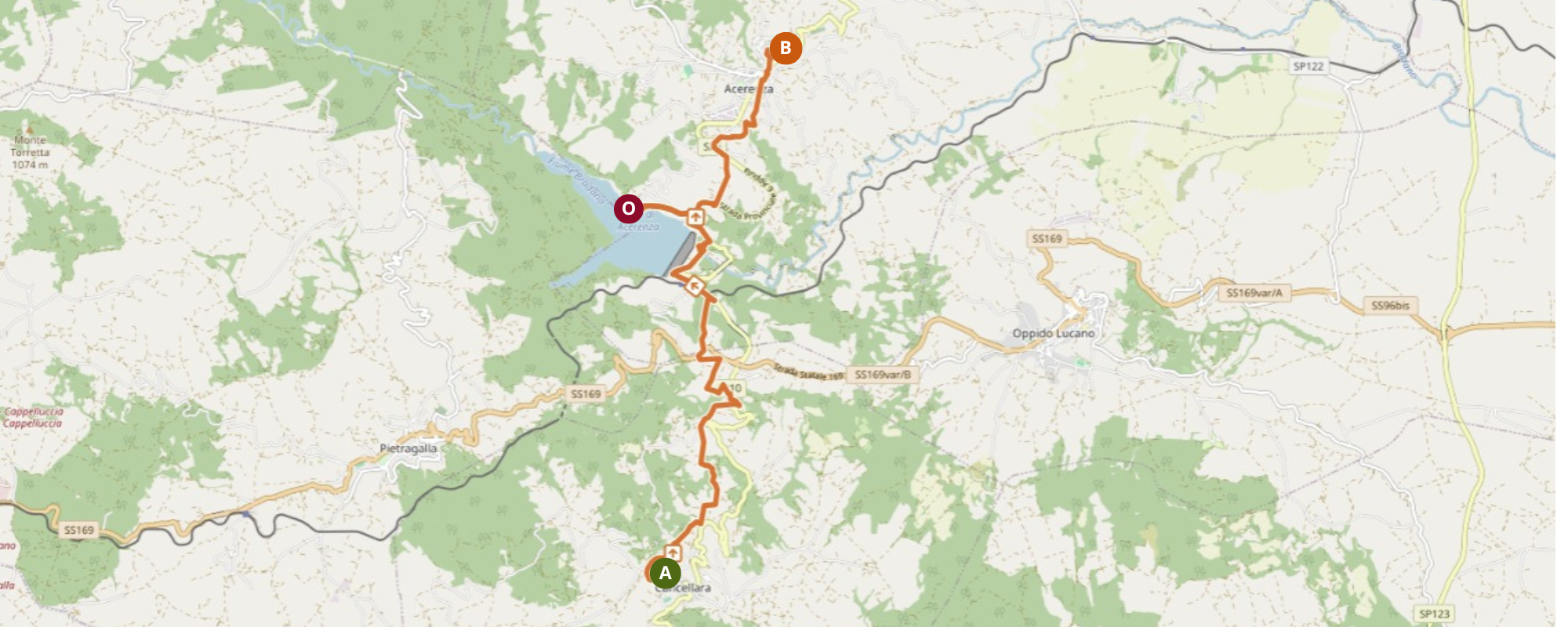 Mappa del percorso da Cancellara ad Acerenza passando per la Diga di Acerenza