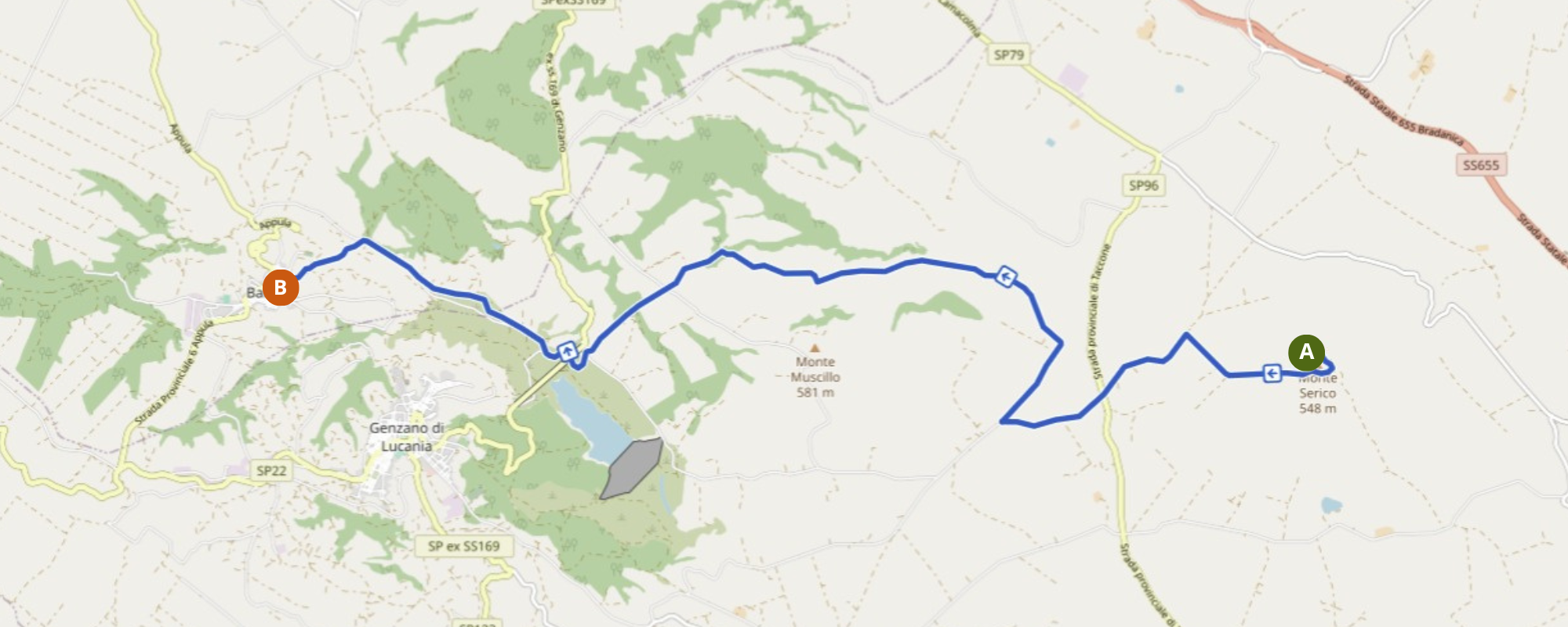 Mappa del percorso da Genzano di Lucania a Banzi con passaggio nei pressi del Castello di Monteserico