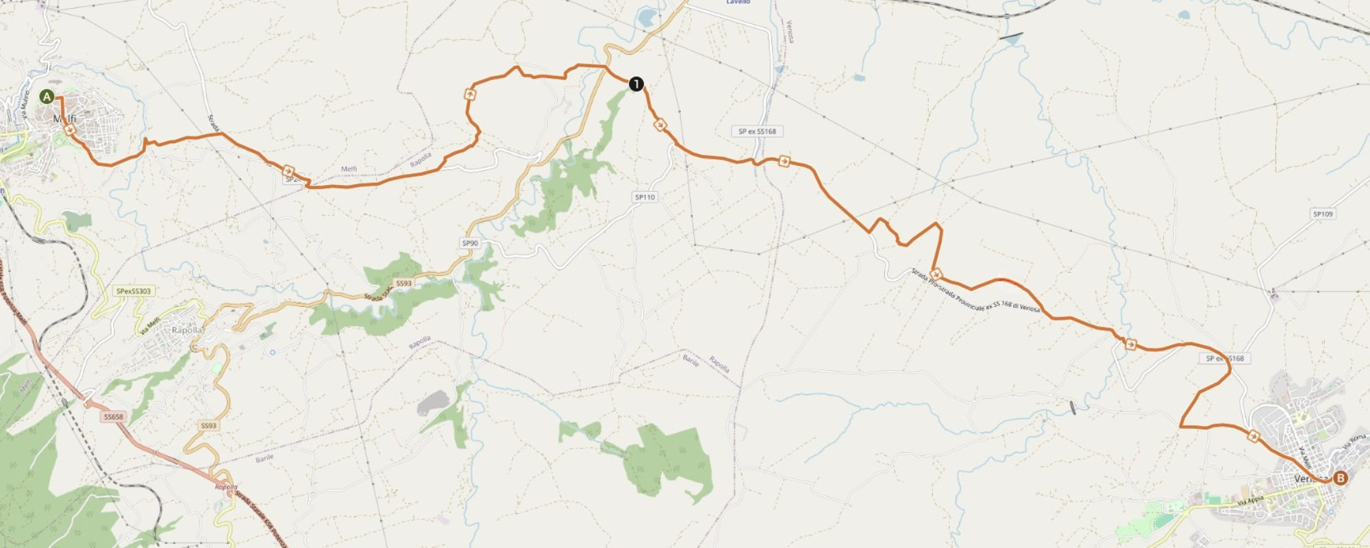 Mappa del percorso da Melfi a Venosa passando per la Necropoli di Toppo d’Aguzzo