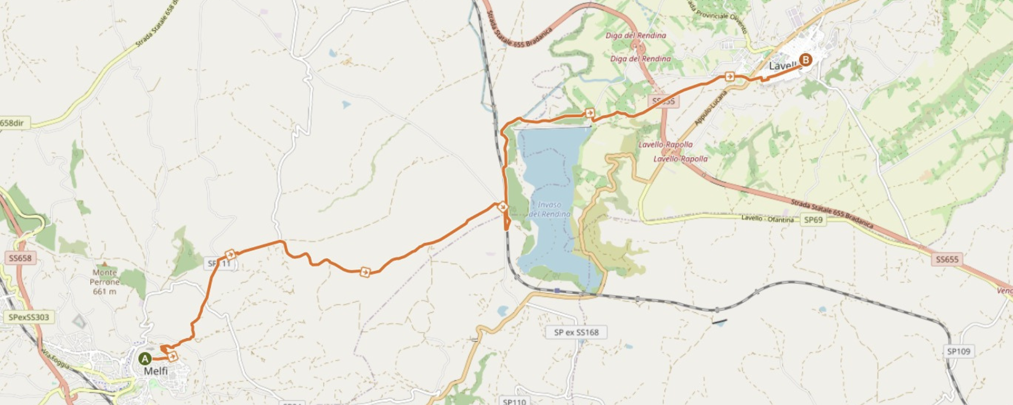 Mappa del percorso da Melfi a Lavello passando per il lago del Rendina