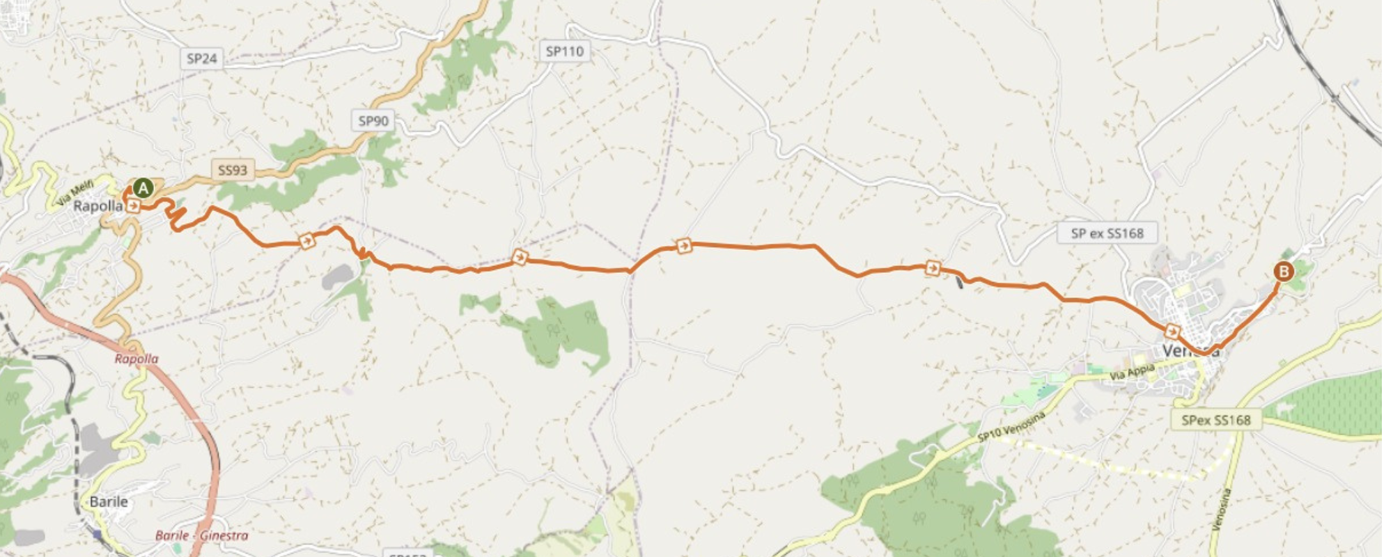 Mappa del percorso da Rapolla a Venosa
